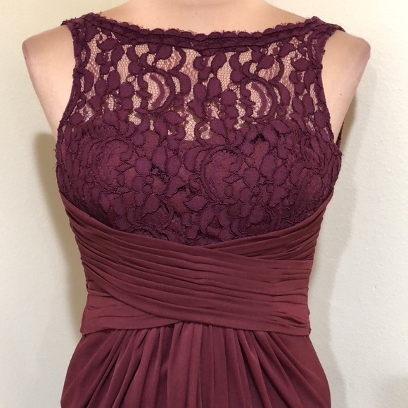 David’s Bridal Maxi Dress Size 0 Burgundy Floral Lace Pleated Ruched Column Gown - Picture 3 of 10